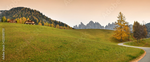 Autumn season, view of Odle Dolomitic group in Val di Funes, Trentino Alto-Adige. Italy