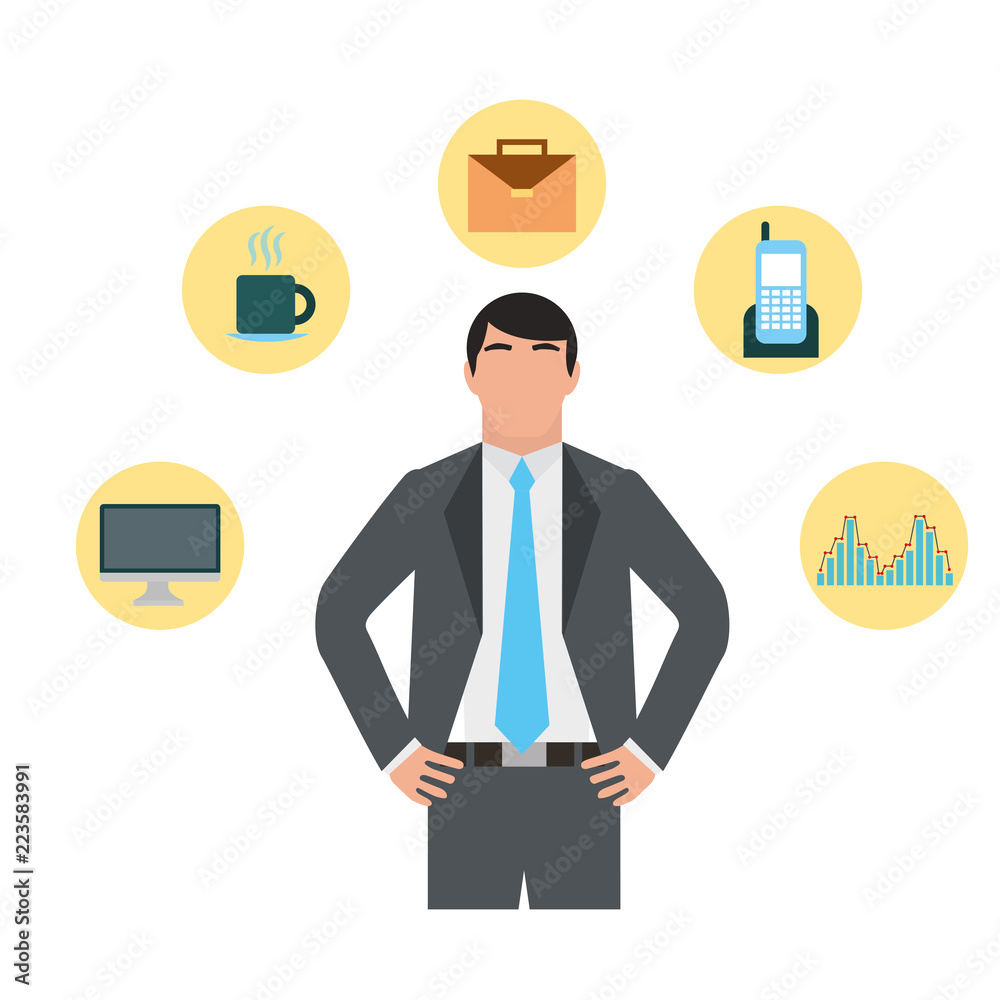 businessman business office computer cellphone coffee cup businessman business office computer cellphone coffee cup