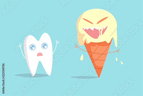 Sensitive tooth is afraid of sweet ice cream Vector. Cartoon