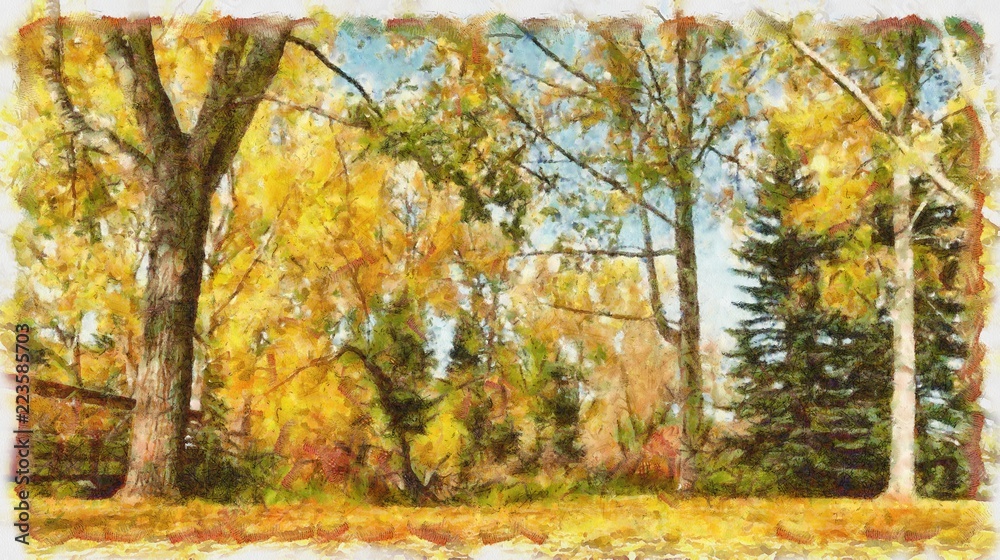 Oil painting. Art print for wall decor. Acrylic artwork. Big size poster. Watercolor drawing. Modern style fine art. Beautiful autumn landscape. Trees with yelow leaves.