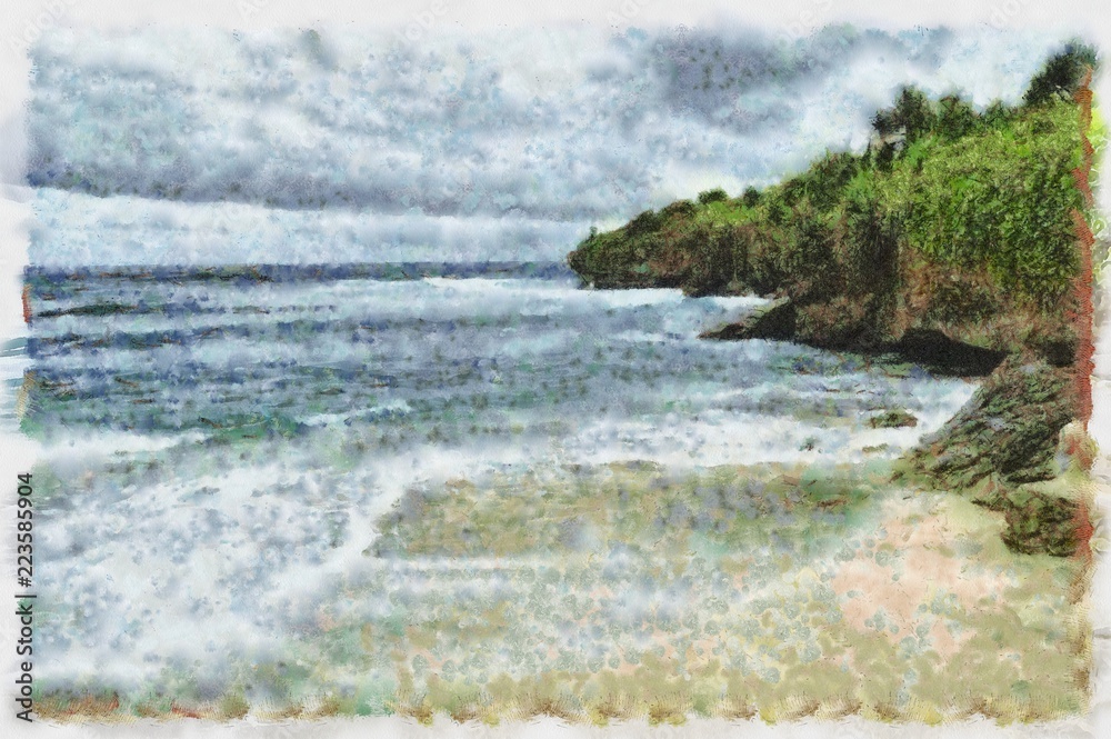 Oil painting. Art print for wall decor. Acrylic artwork. Big size poster. Watercolor drawing. Modern style fine art. Beautiful tropical exotic landscape. Sandy beach near dark blue sea. Resort view. Oil painting. Art print for wall decor. Acrylic artwork. Big size poster. Watercolor drawing. Modern style fine art. Beautiful tropical exotic landscape. Sandy beach near dark blue sea. Resort view.