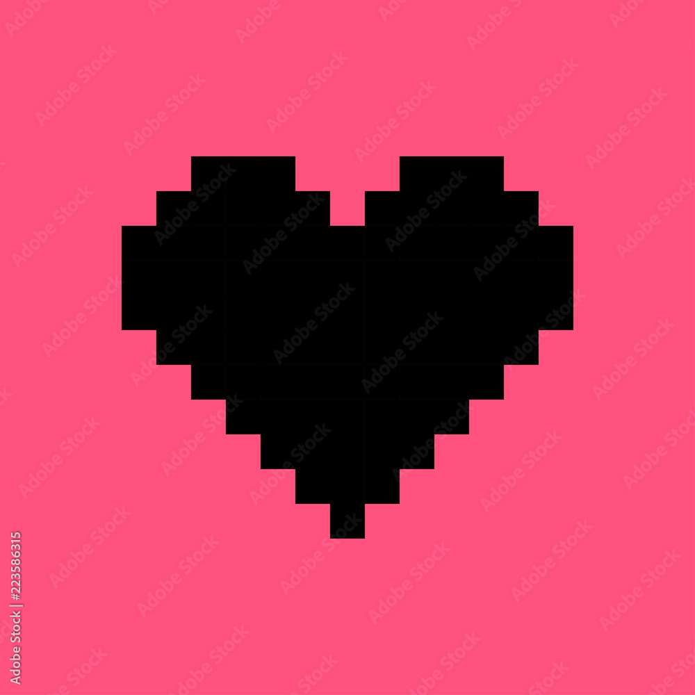 Obraz premium Silhouette Black Pixel Heart. Vector Shape On Pink background. Love Symbol. Pixel Art Icon