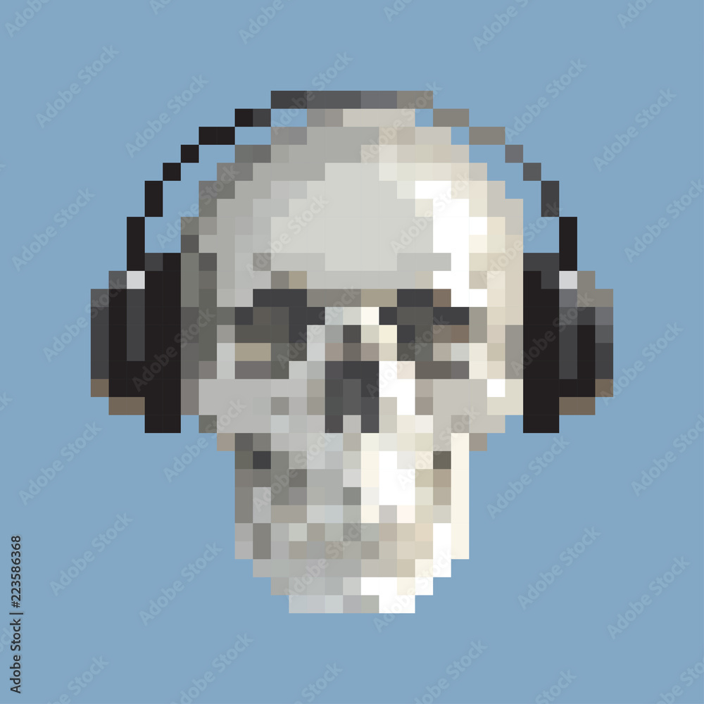 Pixel skull with headphones. 8bit style. T-shirt design. Stock Vector |  Adobe Stock