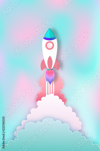 Rocket launch on pastel beautiful background as business start up, paper art and craft style concept. vector illustration