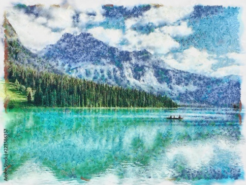 Oil painting. Art print for wall decor. Acrylic artwork. Big size poster. Watercolor drawing. Modern style fine art. Beautiful mountain landscape. Azure water of wild lake.