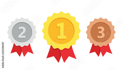 Gold, silver, bronze medal. 1st, 2nd and 3rd places. Trophy with red ribbon. Flat style - stock vector.