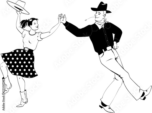 A couple dressed in traditional country western costumes dancing square dance or contra dance, EPS 8 vector line illustration, no white objects