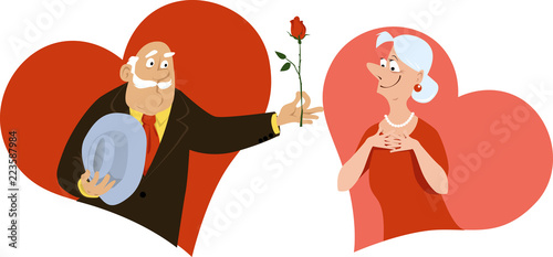 A senior man presenting a rose to a mature woman, hearts on the background, EPS 8 vector illustration