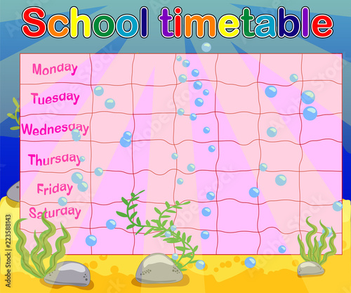 Design of the school timetable for kids. Bright underwater background for the planning of the school week photo