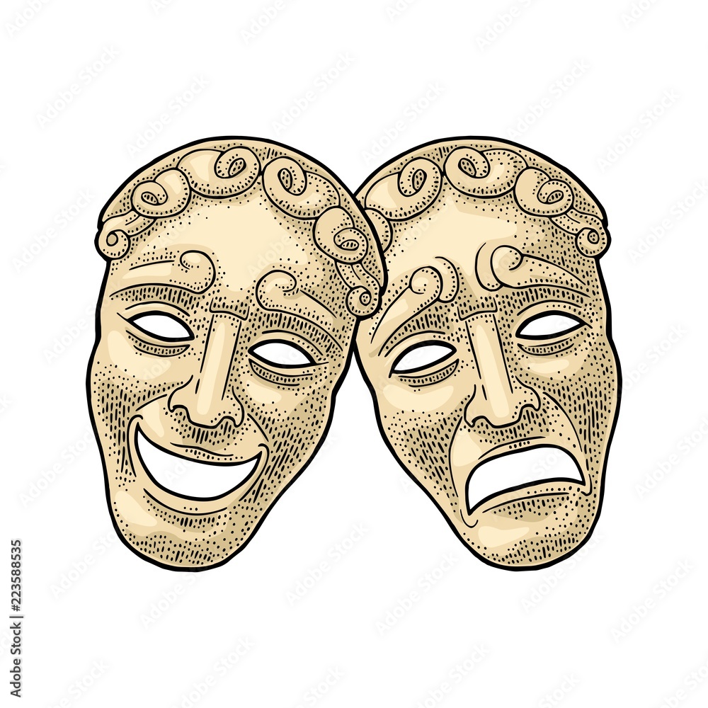 Comedy and tragedy theater masks. Vector engraving vintage color  illustration Stock Vector | Adobe Stock