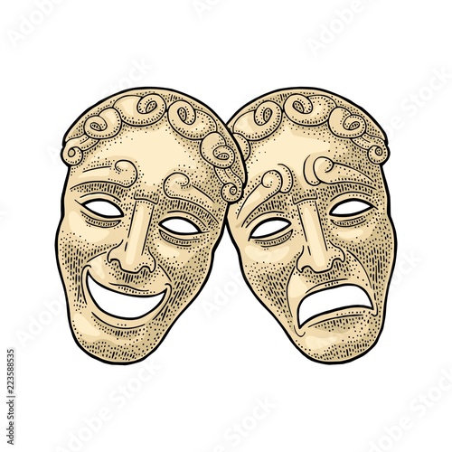 Comedy and tragedy theater masks. Vector engraving vintage color illustration photo