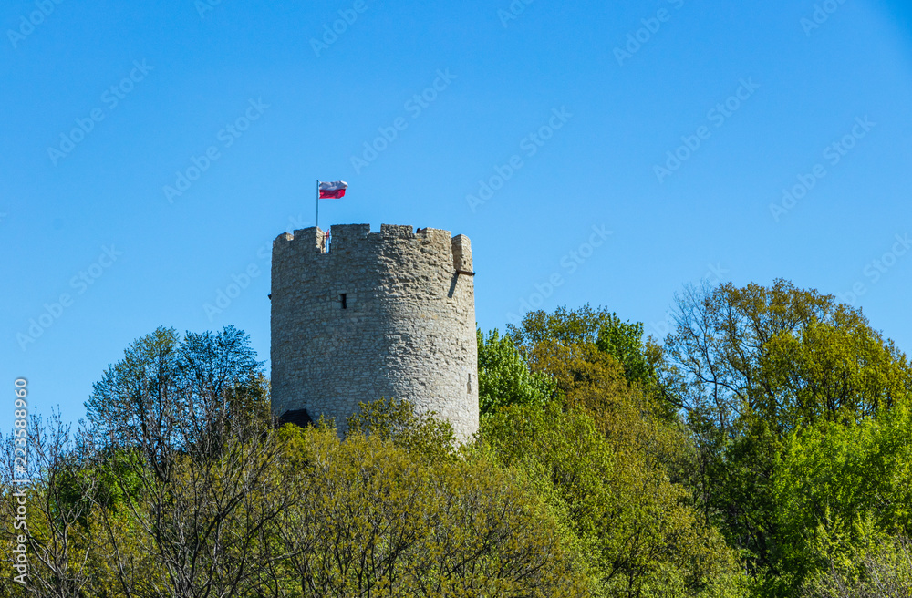 view of the castle tower in Kazimierz Dolny