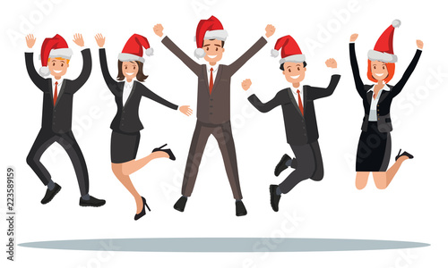 Business people in Christmas hats are jumped.