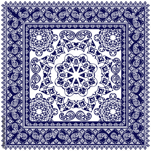 Indigo dye printed traditional paisley pattern. Vector ornament paisley Bandana Print, square pattern design style for print on fabric.
