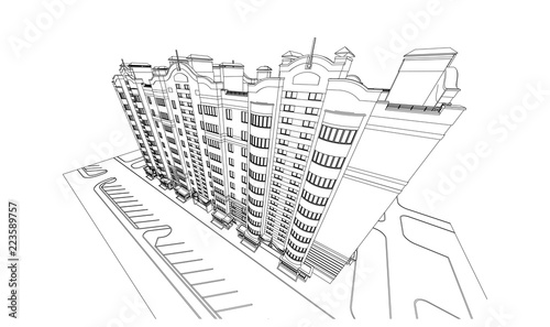 Detailed architectural plan of multistory building with diminishing perspective. Vector blueprint illustration