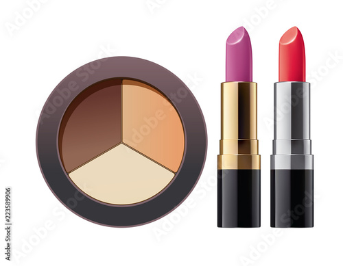 Cosmetic. Powder and lipstick on white. Vector 3d illustration