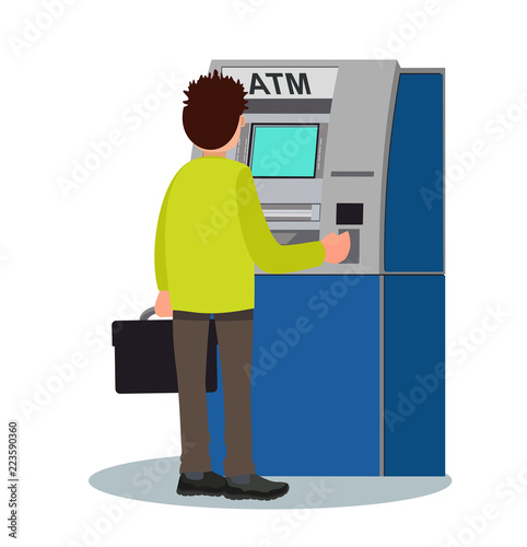 Man withdraws money from an ATM. Vector illustration.