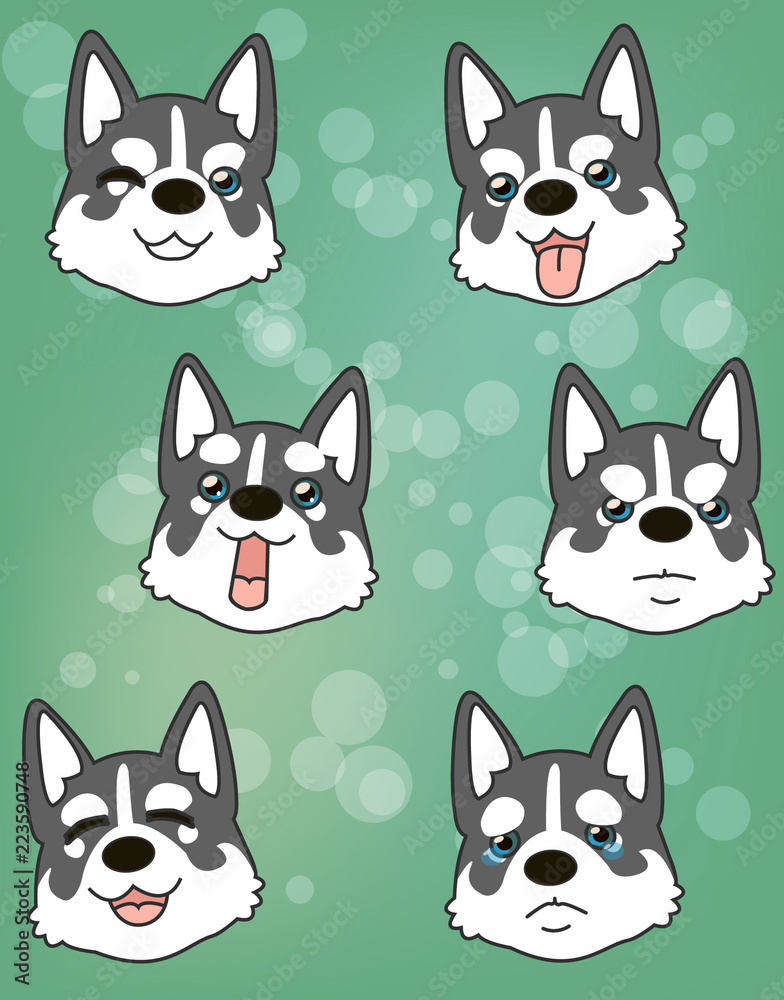 Puppy Husky on green background with bokeh. Different emotions of the character. Vector illustration. Seamless Pattern
