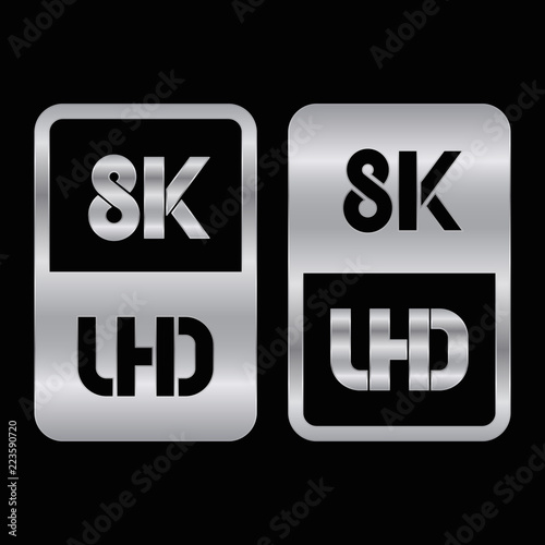 8K Ultra HD format silver and cut icon. Pure vector illustration on black background