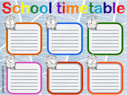 Template school timetable for students or pupils with days of week and free spaces for notes.