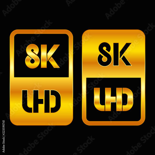 8K Ultra HD format gold and cut icon. Pure vector illustration on black background