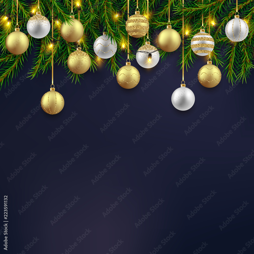 Christmas holiday background with fir branches, gold and silver decorative balls composition, vector illustration Christmas holiday background with fir branches, gold and silver decorative balls composition, vector illustration