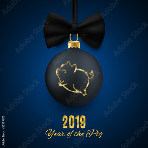 New 2019 Chinese Year of the pig, realistic decorative Christmas ball with animal icon, card, postcard, vector illustration