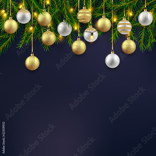 Christmas holiday background with fir branches, gold and silver decorative balls composition, vector illustration