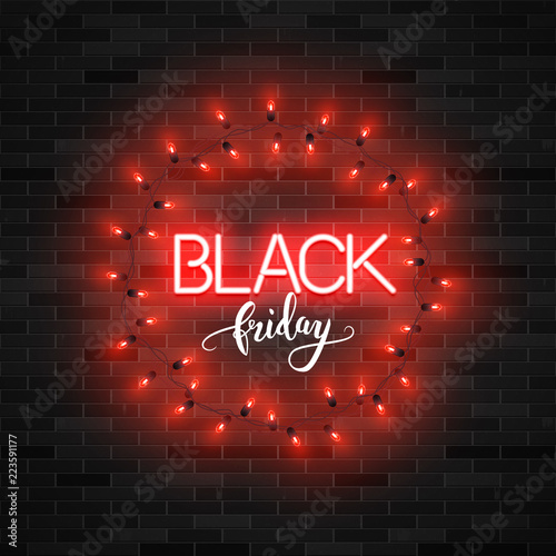 Black friday text with illuminated red lights on brick wall, vector illustration