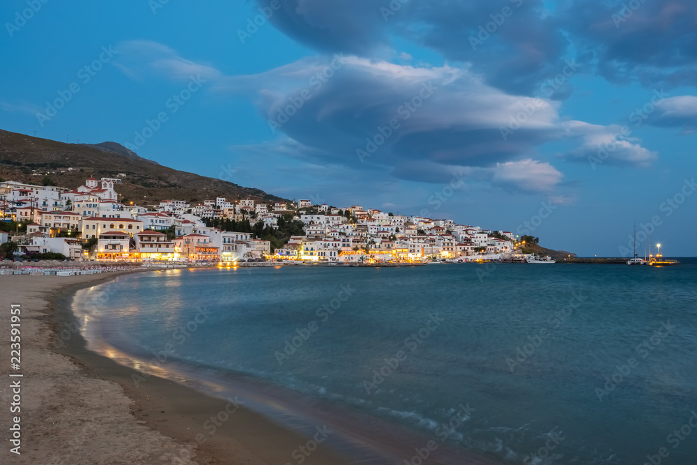 Picturesque Batsi village on  Andros island at night, Cyclades, Greece