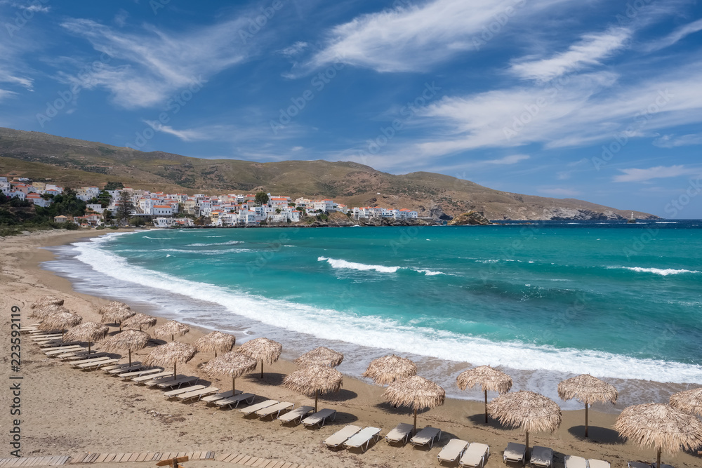 Paraporti beach next to Chora city on Andros island, Cyclades, Greece