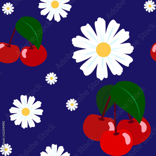 Cherry and camomile seamless pattern on blue background