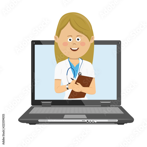 Female doctor with stethoscope and clipboard having consultation online on laptop