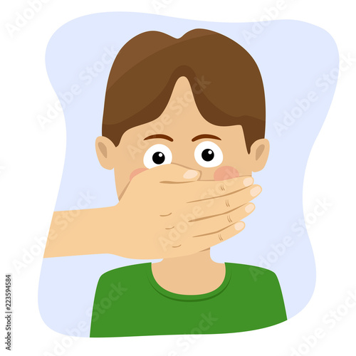 Scared young boy with adult man's hand covering his mouth