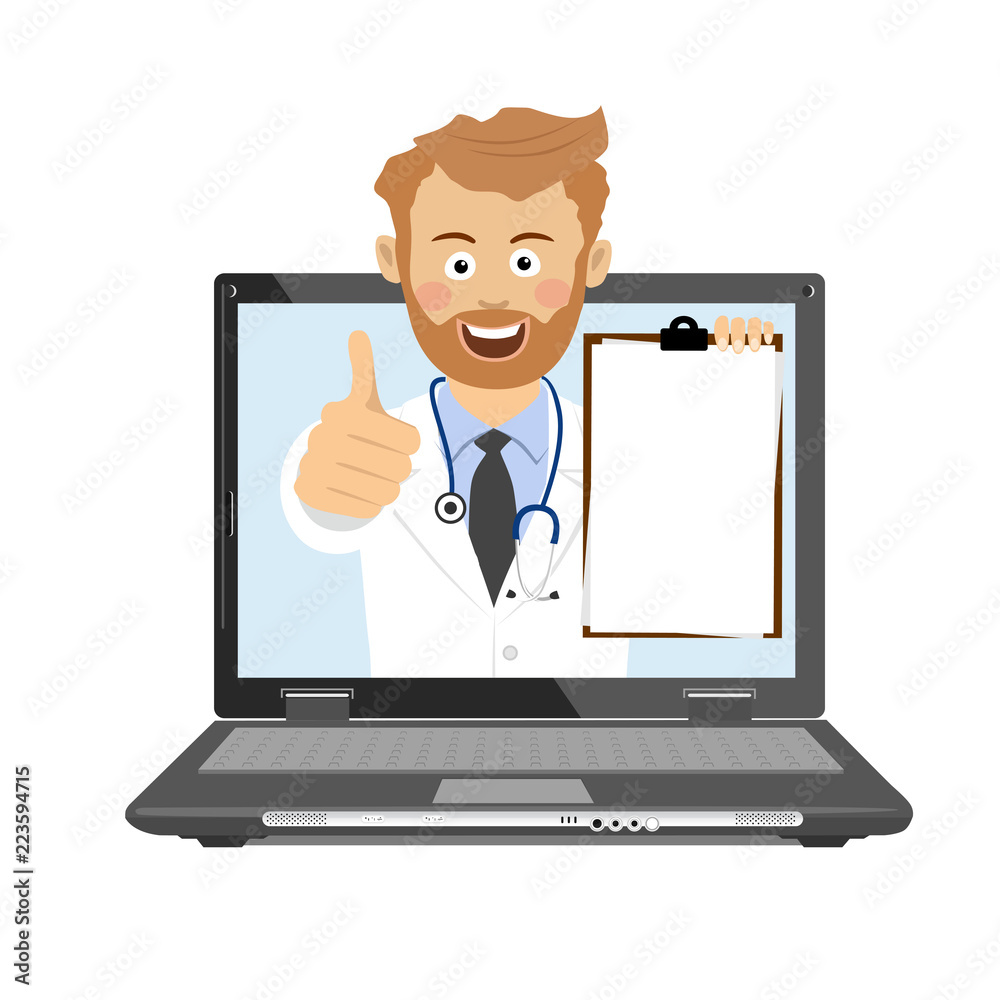 Male doctor with stethoscope and clipboard having consultation online on laptop Male doctor with stethoscope and clipboard having consultation online on laptop