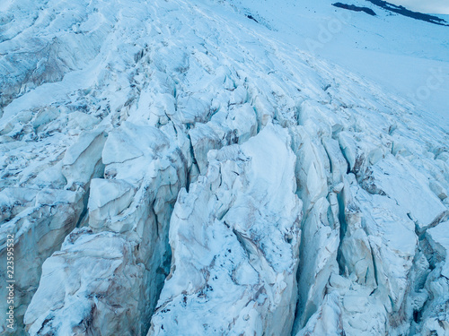Aerial view from the drone. Glacier among the mountains of the North Caucasus.