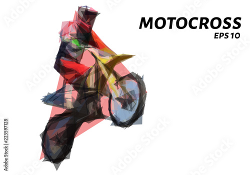Motocross from triangles. Low poly s motorcycle. Vector illustration.