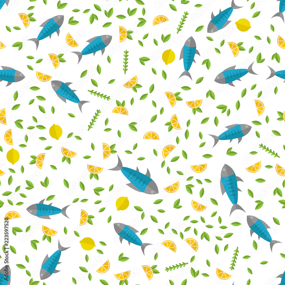 seamless pattern with fish and lemons with leaves on white background, vector, illustration seamless pattern with fish and lemons with leaves on white background, vector, illustration