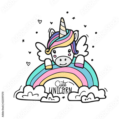 Unicorn with wings on the rainbow. Vector illustration made in cartoon style