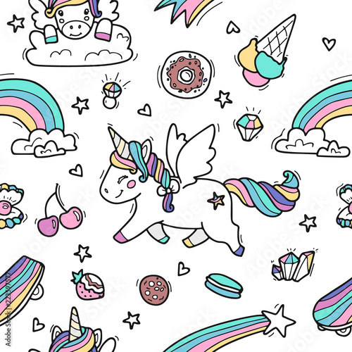 Seamless background with cute unicorns. Illustration made in cartoon style