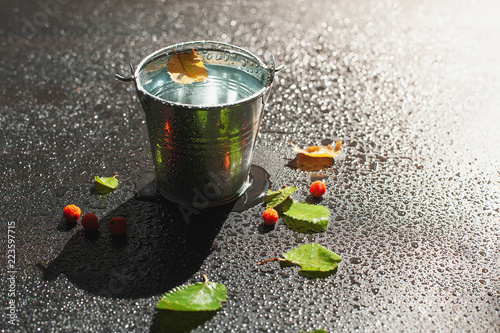 Yellowed birch leaf floats on the surface of the water in a tin bucket under raindrops. The concept of 