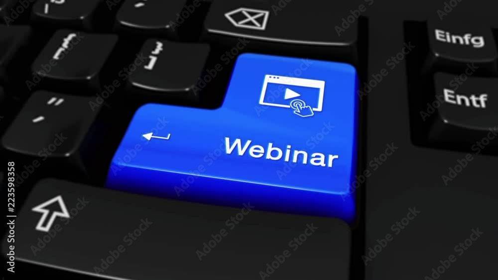 273. Webinar Round Motion On Blue Enter Button On Modern Computer Keyboard with Text and icon Labeled. Selected Focus Key is Pressing Animation. Website Concept
