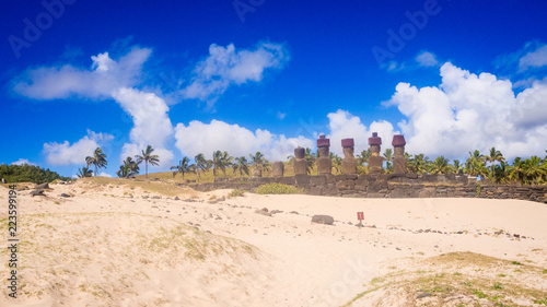 Moais of Ahu Nau Nau in Anakena beach in Easter Island, Chile photo