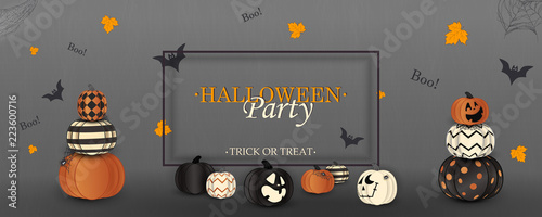 Halloween Party. Trick or treat. Boo. Holiday concept with ghost orange, white, black halloween pumpkins funny faces, spider web for banner, website, poster, greeting card, party invitation.