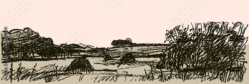 Pencil sketch of an autumn rural landscape