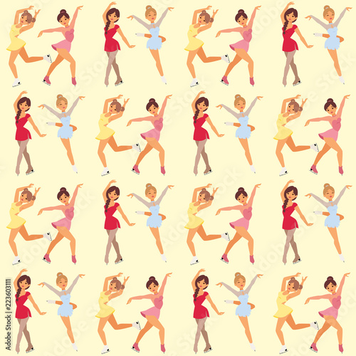 Figure ice skater women vector beauty sport girls doing exercise and tricks jump characters dancer people performance seamless pattern background illustration.