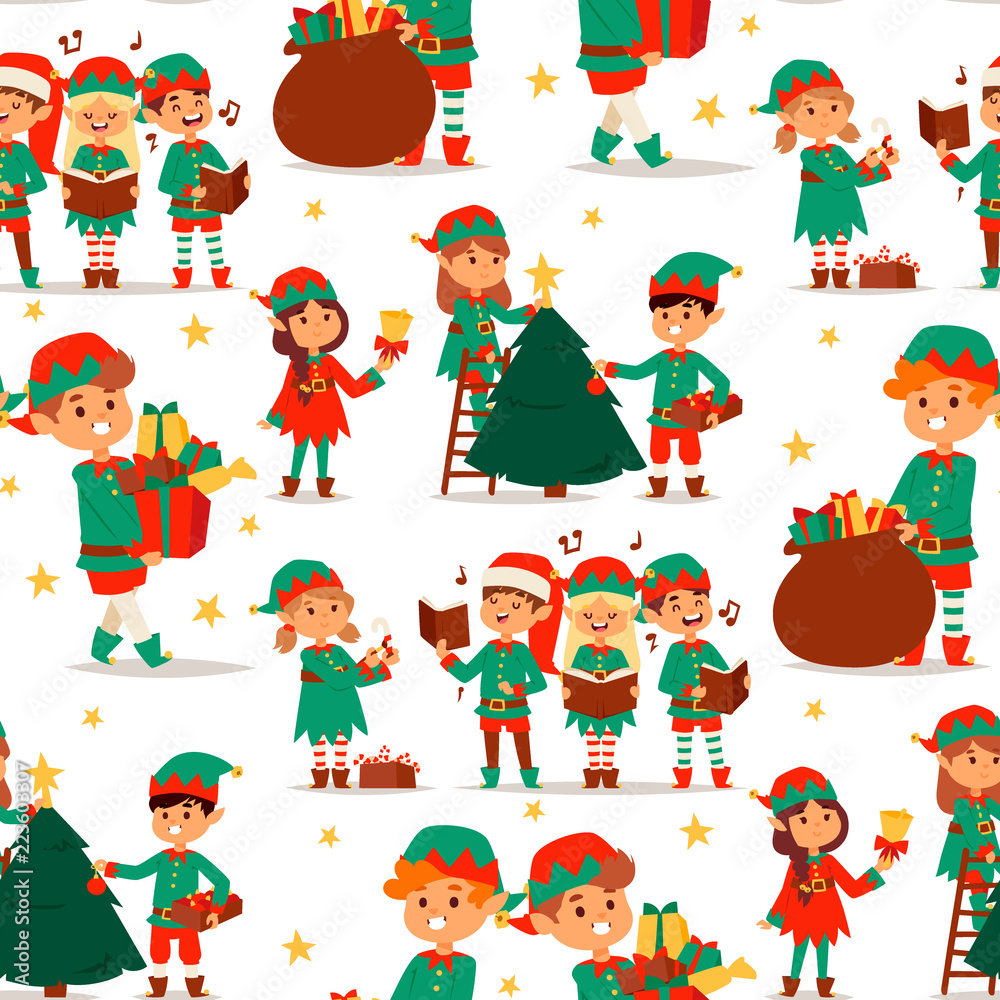 Santa Claus elf kids cartoon elf helpers vector illustration children elves characters traditional costume seamless pattern background Santa Claus elf kids cartoon elf helpers vector illustration children elves characters traditional costume seamless pattern background