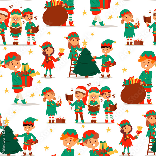 Santa Claus elf kids cartoon elf helpers vector illustration children elves characters traditional costume seamless pattern background