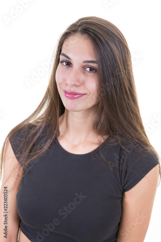 Beautiful woman in portrait smiling with long dark hairs