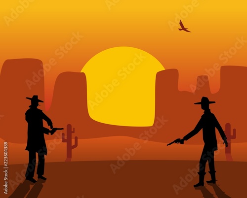 Two gunslingers duel. Desert sunset. Color flat vector illustration.